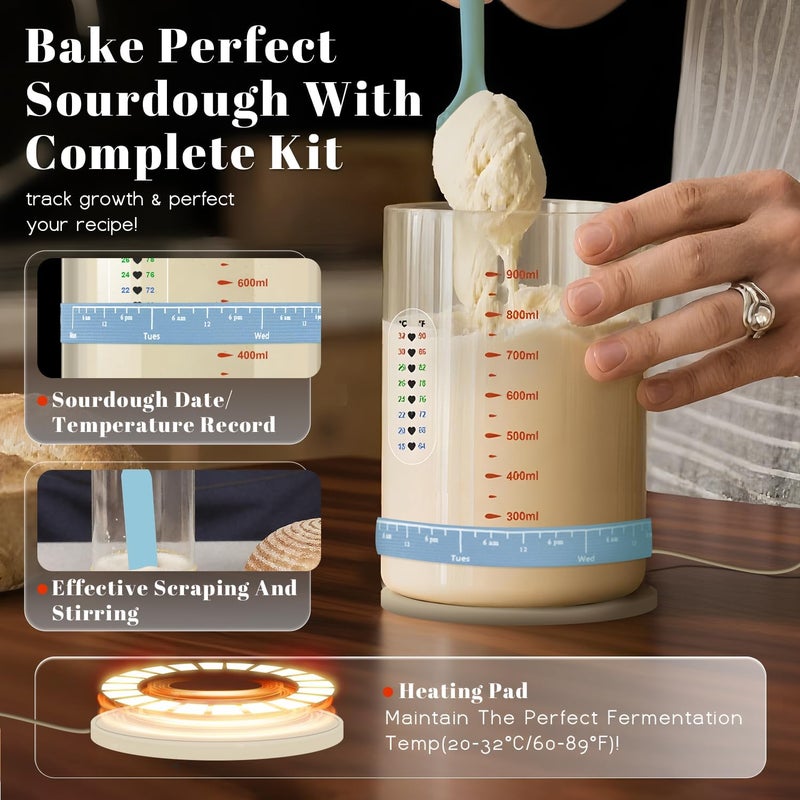 Solisifime Pro Sourdough Starter 10-In-1 Kit – 34 Oz Glass Jar With Lid, Cloth Cover, Date Band, Brush, Temp Strip, Silicone Spatula, Heating Mat – Sourdough Bread Baking Supplies, Glass Container, Blue - Image 2